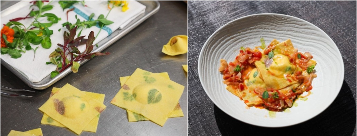 Ravioli on the left with herbs, finished pasta dish on the right with red sauce