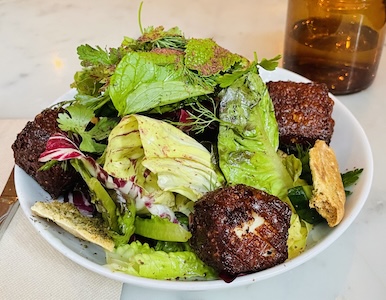 Fattoush salad with hunks of halloumi