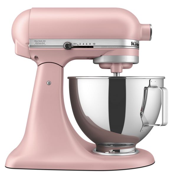 A light pink KitchenAid stand mixer