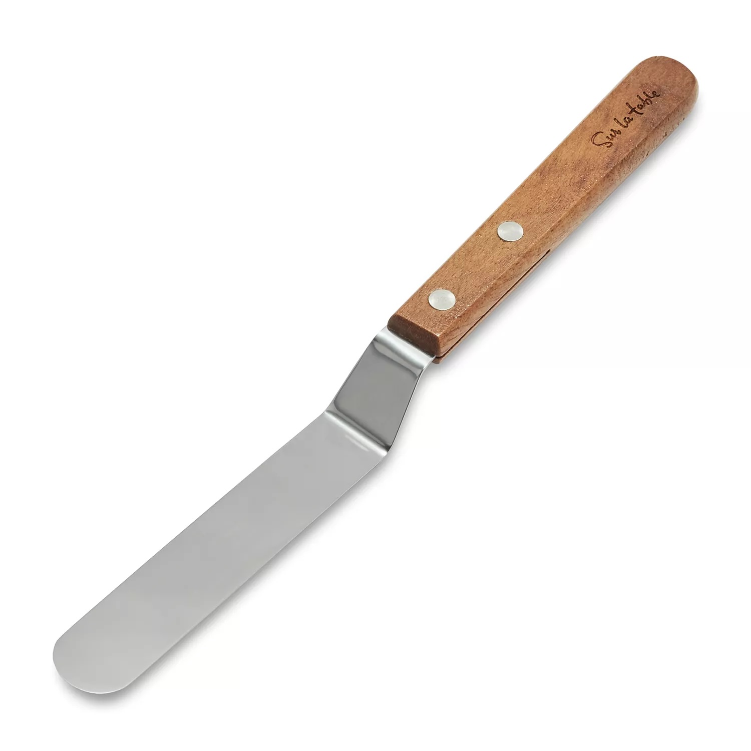 An offset metal spatula with a wooden handle