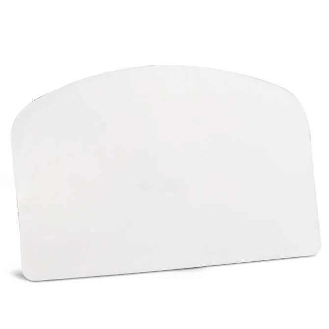 A white plastic flexible bowl scraper