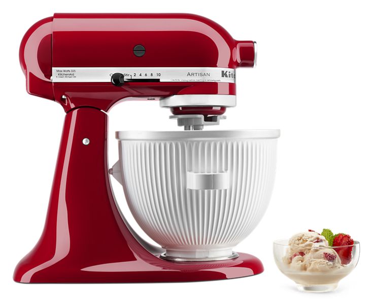 A red KitchenAid stand mixer with a white ice cream maker attachment on it