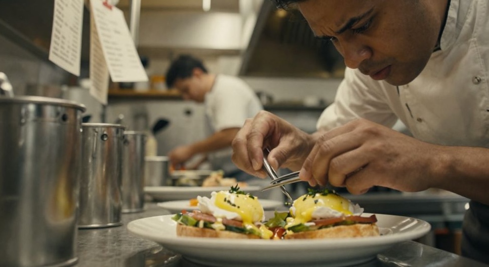 Chef skillfully preparing ingredients in a bustling kitchen, surrounded by pots and utensils.