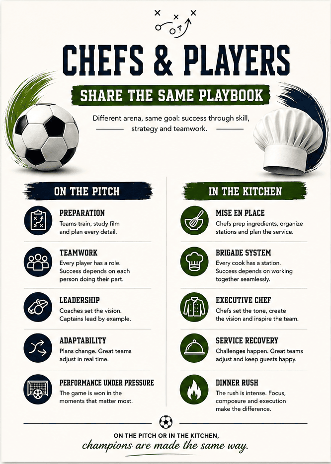 An infographic titled "Chefs & Players Share the Same Playbook." The header features a soccer ball on the left and a chef's hat on the right.