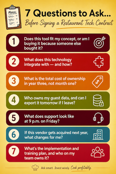 An infographic titled "7 Questions to Ask... Before Signing a Restaurant Tech Contract" displayed on a yellow background with a checklist design.
