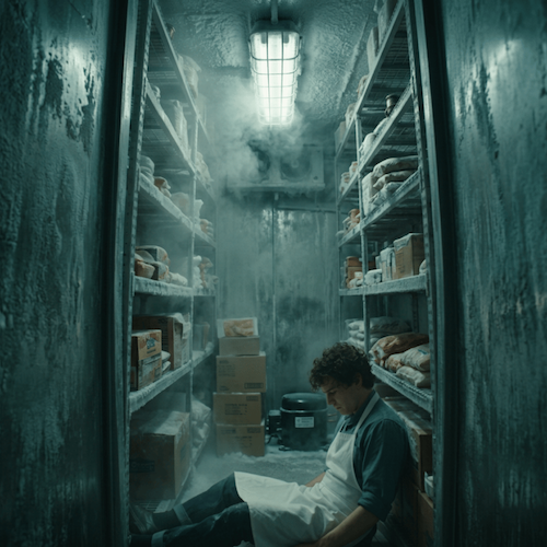 A man in a room cluttered with boxes and shelves, indicating a workspace or storage area.