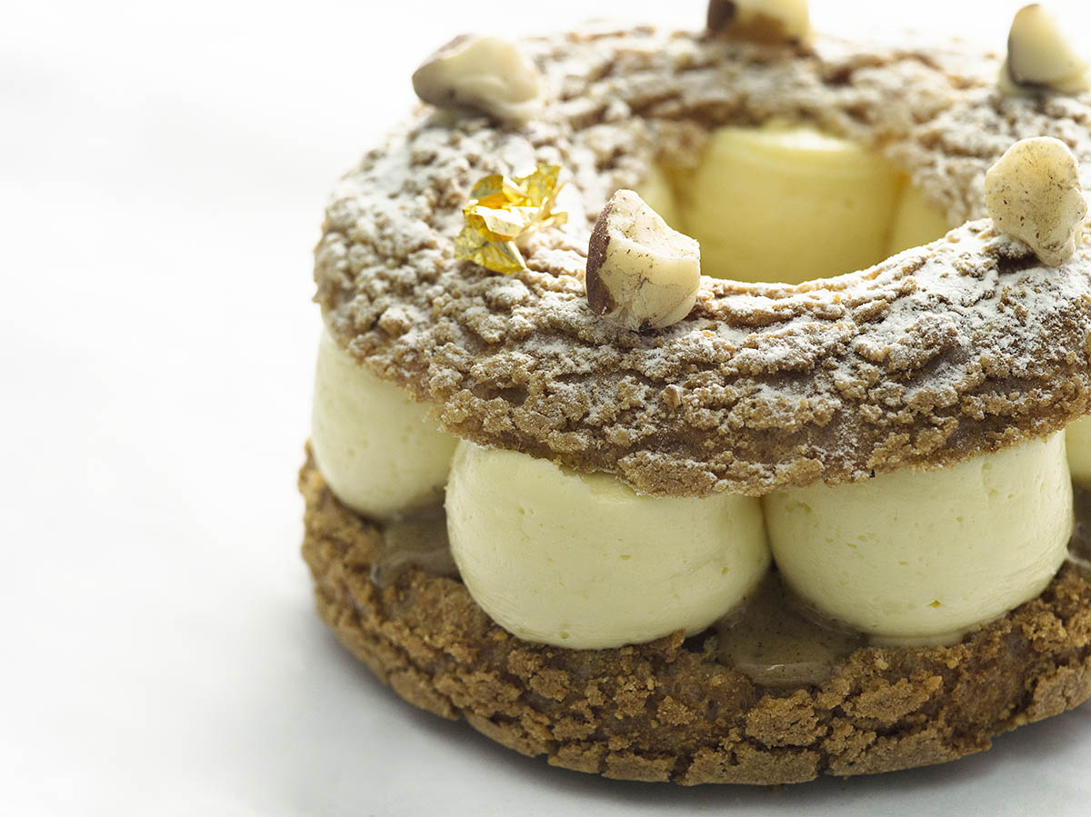 The Brazil Brest is made with Brazil nuts in place of the hazelnut in a traditional Paris-Brest.