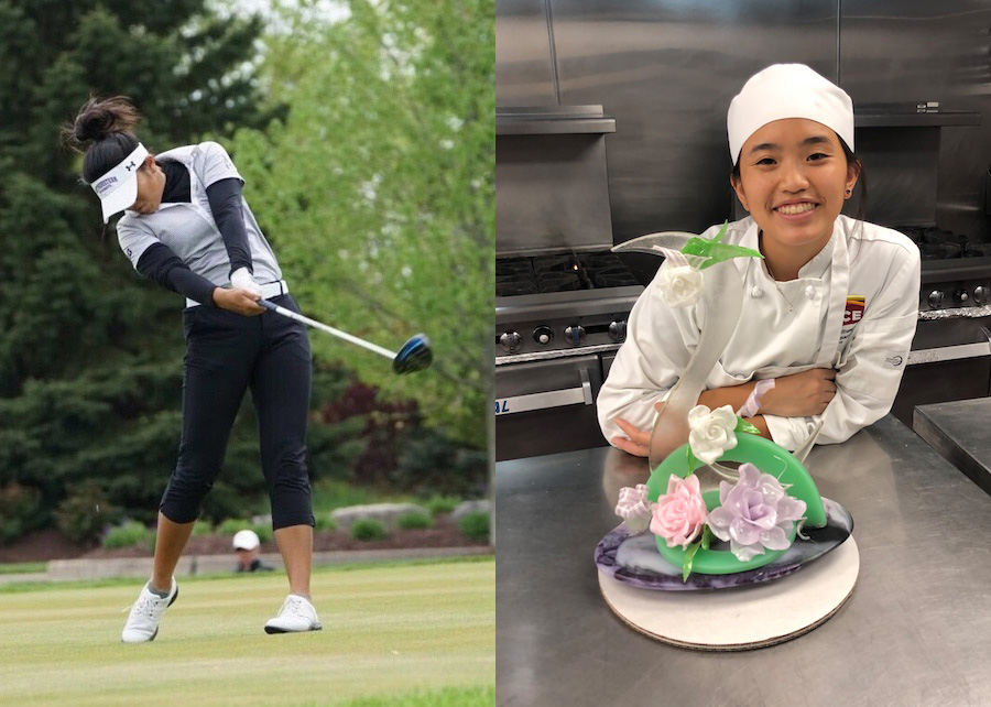 Stephanie Lau golfing and then sculpting in Pastry & Baking Arts