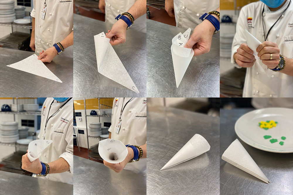 The professional pastry chef technique for making a parchment paper piping bag