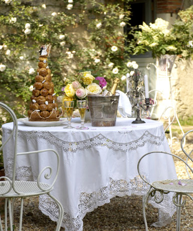 Croquembouche is served alongside Champagne at Le Moulin Bregeon in the Loire Valley.