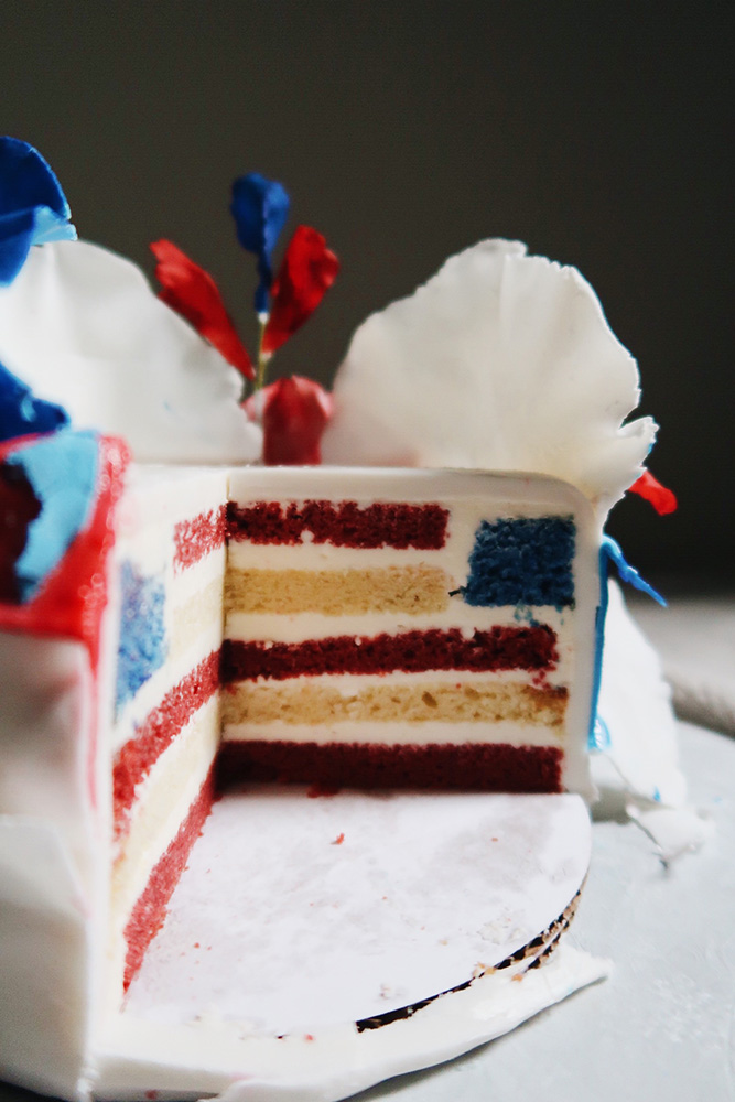 The flag inside a Fourth of July-themed cake.