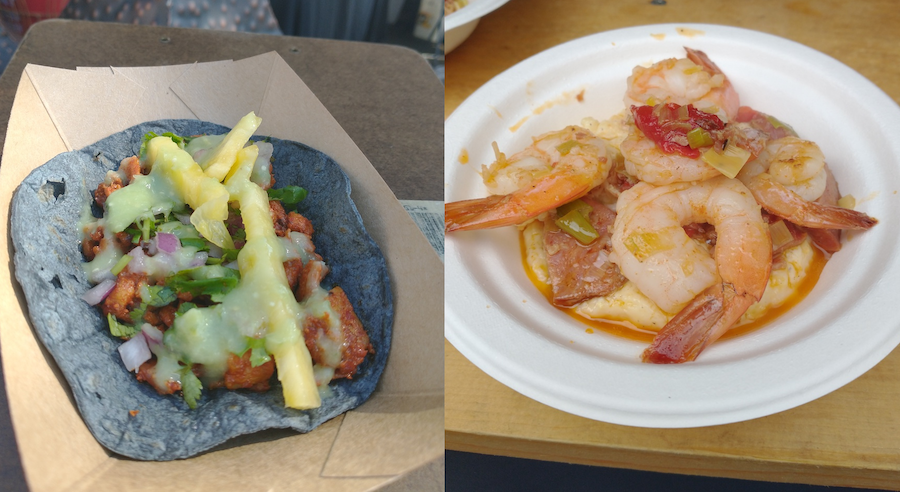 Blue corn taco (left) and shrimp and grits (right)