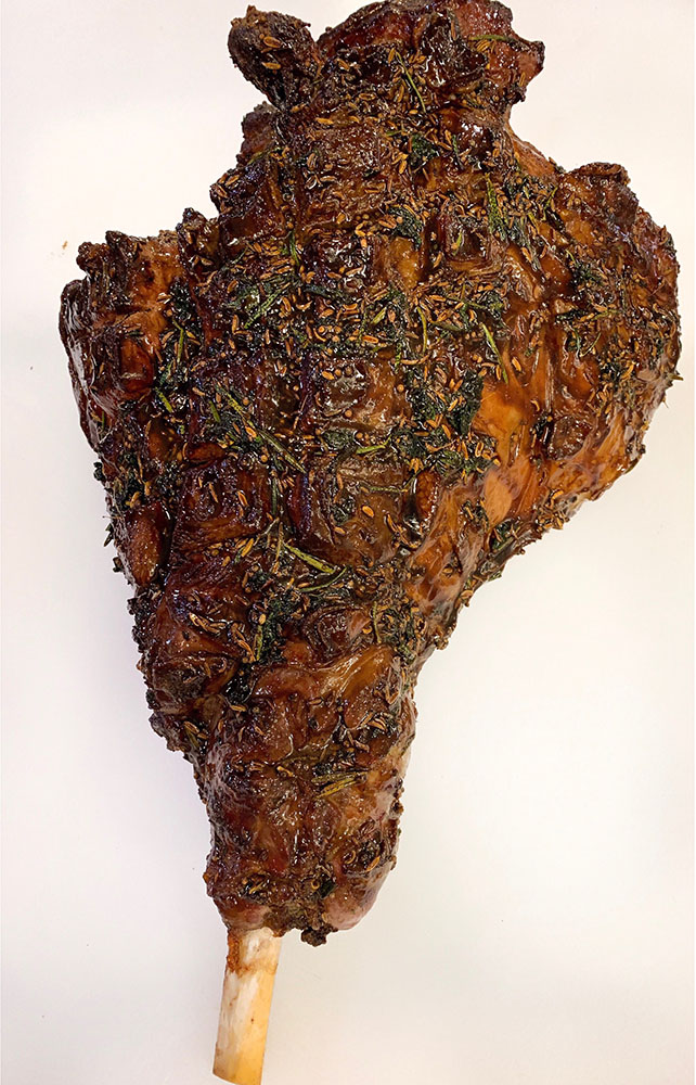 A leg of roasted lamb.