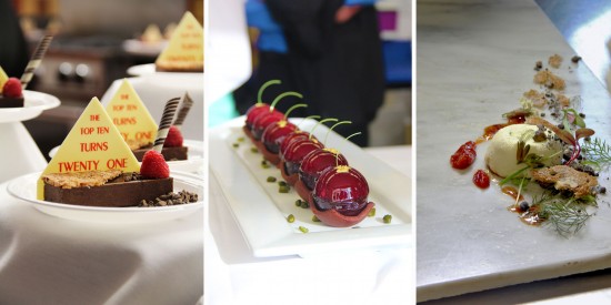 From left: A celebratory dessert by Rudi Weider, Master Pastry Chef, Hilton San Diego Bayfront; The Cherry Tart by Ghaya Oliveira, Executive Pastry Chef at Restaurant Daniel; white chocolate "Crottin" with Surinam cherry preserve by Della Gossett, Executive Pastry Chef at Spago.