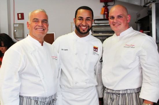 ICE culinary student Elio Lapaix assists Chef/MOF Georges Berger of Miami's Chocolate Fashion. 