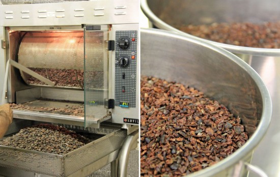 Roasting beans and winnowed chocolate "nibs"