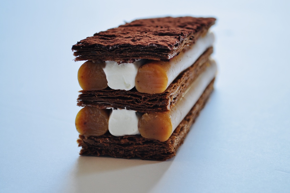 Chef Rory tests cocoa powder in puff pastry for a mille feuille with banana and cardamom caramel.