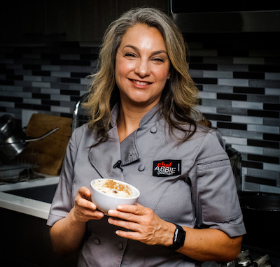 Chef Abbie with vegan rice pudding