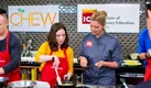 Chef Amanda Freitag coaches a Culinary Voice Scholarship contestant on how to make an omelette, filmed with ABC's The Chew and the Institute of Culinary Education