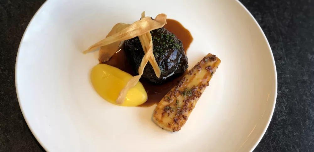 Braised Beef Cheek, Pear and Saffron Puree, Glazed Parsnips, Parsnip Chips