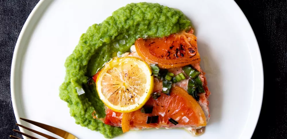 Bruleed Grapefruit Salmon with Cauliflower-Cilantro Puree