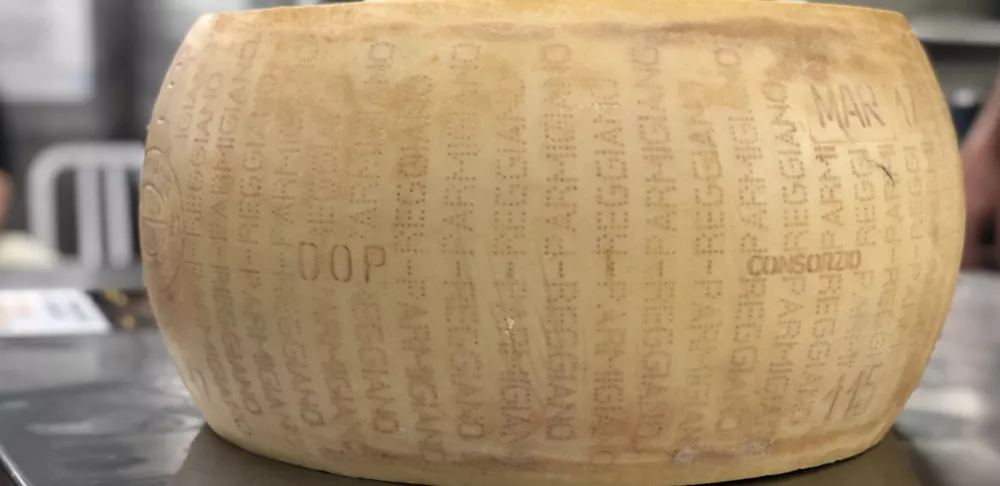 A wheel of authentic Parmigiano-Reggiano