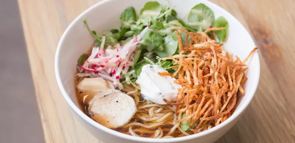 Potato Dashi Ramen with sour cream, Japanese yam, chive oil