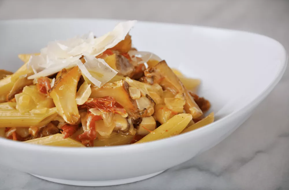 Penne with sun dried tomatoes and chanterelle mushrooms