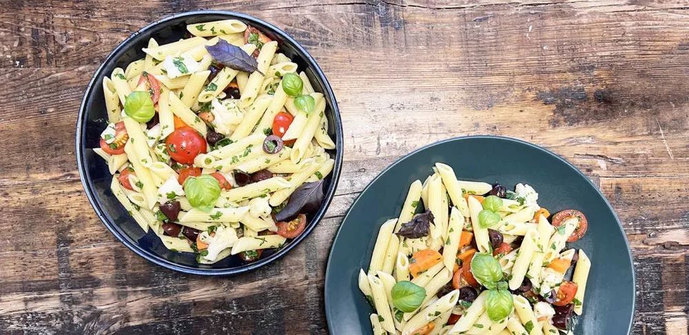 A bowl of antipasti pasta salad.