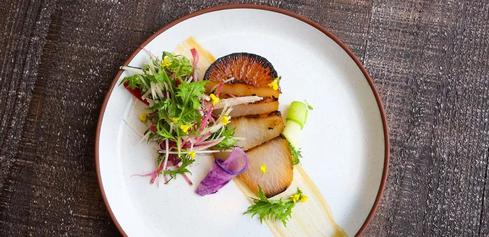 Korean-Style Braised Daikon with Mizuna, Kale, Radish Salad