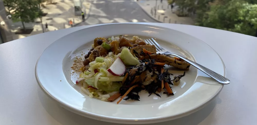 A plant-based meal of tofu, squash, beans and a cucumber salad