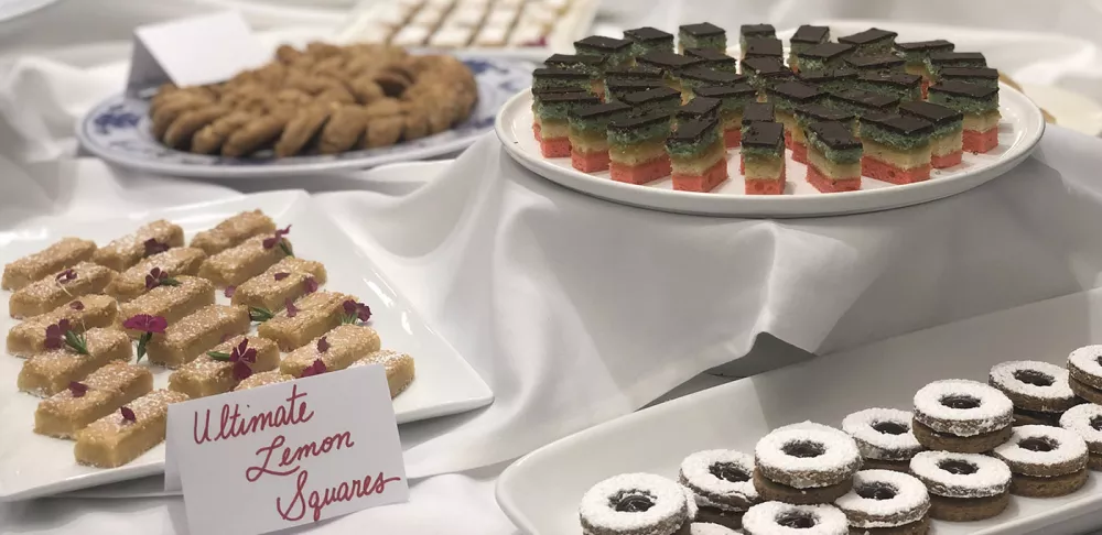 Venetian rainbow cookies are served on a platter among other cookies made by ICE Pastry & Baking Arts students.