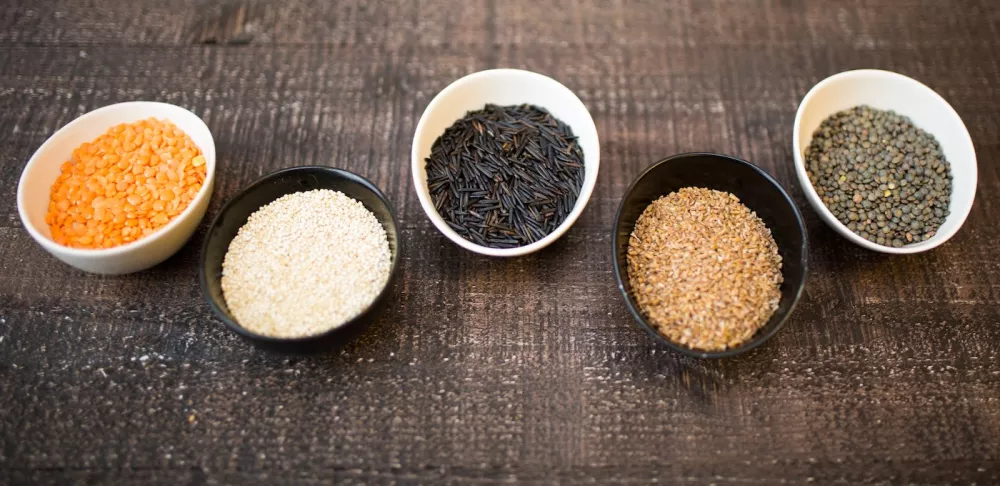 Bowls of lentils and seeds