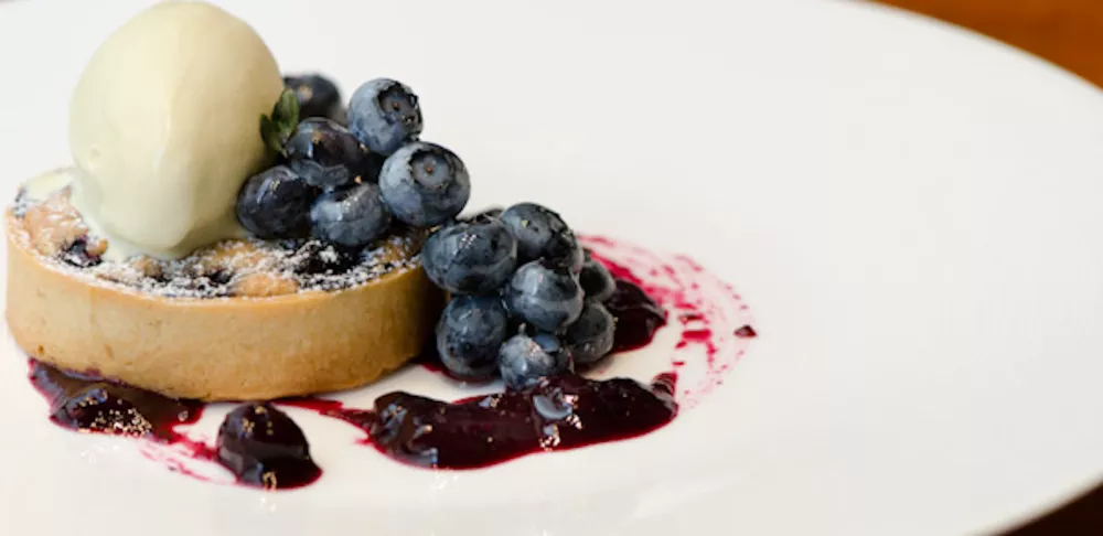 Chef Jenny McCoy - Blueberry Almond Cream Tart, Lemon Thyme Ice Cream, Fresh Honeyed Blueberries, Port-poached Blueberry Compote, and Sea Salt