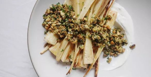 Roasted parsnips with macadamia nut gremolata