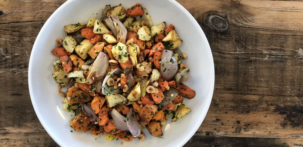 Roasted Root Vegetables with Hazelnuts, Cilantro and Garlic