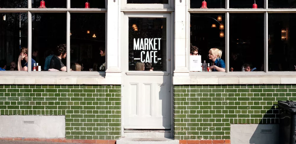 The facade of a restaurant market cafe