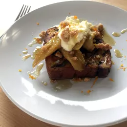 Chef Penny's babka French toast with maple-soaked bananas.