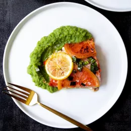 Bruleed Grapefruit Salmon with Cauliflower-Cilantro Puree