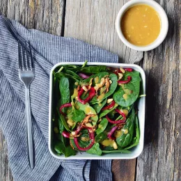 Baby Spinach Salad with Beet-Pickled Shallots and Shiitake “Bacon”