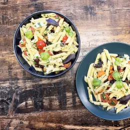 A bowl of antipasti pasta salad.