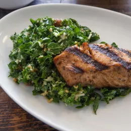 blackened salmon with kale Caesar