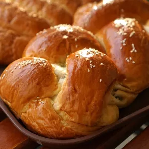 Braided challah bread on a metal tray