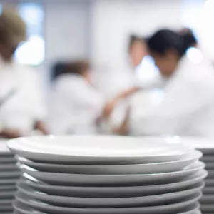 stack of plates in kitchen