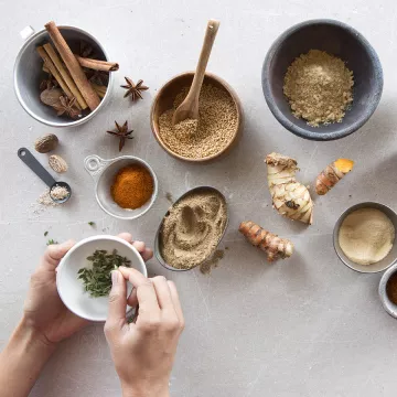 Spices are organized in bowls.