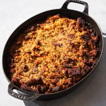 Casserole dish with stuffing in it