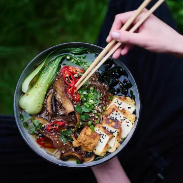 A bowl of tofu and bok choy