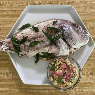 Salt-crusted grilled porgy