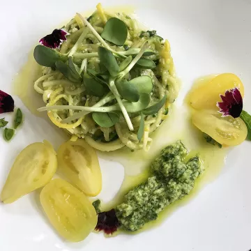 Summer Squash Spaghetti with arugula pesto