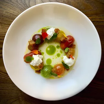 Heritage Tomato, Sungold Tomato Broth, Lemon Balm and Cottage Cheese